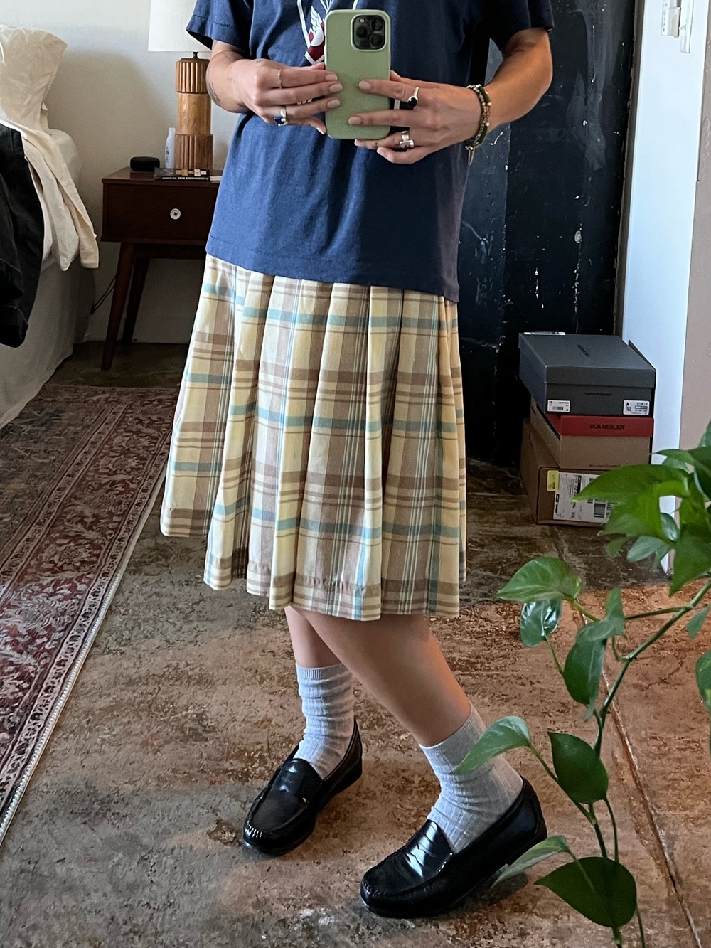 Vintage Pleated Plaid Midi Skirt in Cream, Tan & Blue